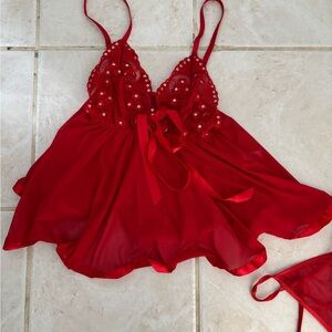 Red Lace Babydoll Lingerie Top with Bow Detail and Thong